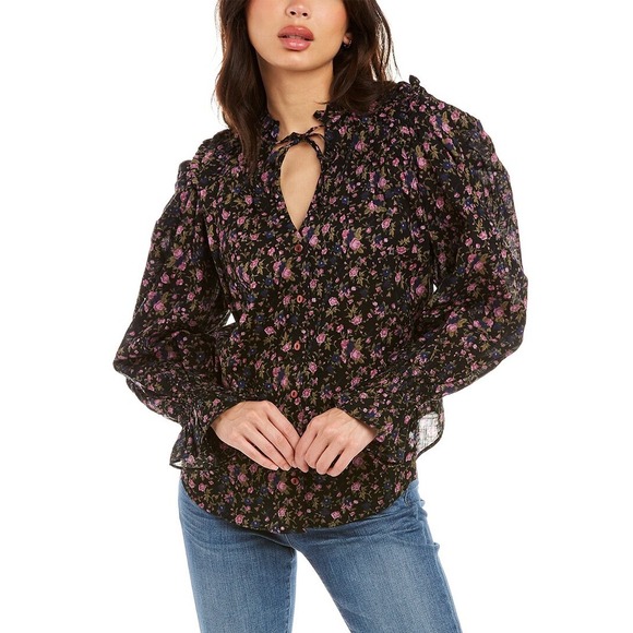 Free People Tops - Free People‎ Meant To Be Floral Black Pink Women Large Puffy Sleeve Boho Top